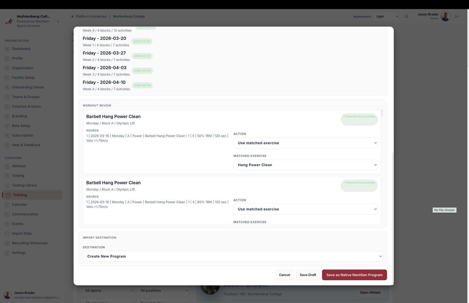 Smart Workout Import review screen in the NextGen Performance Platform, matching imported exercises to the exercise library before publishing
