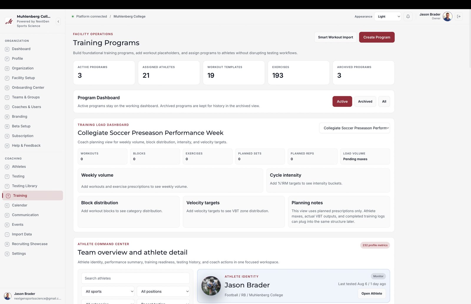 NextGen Performance Platform training programs dashboard, showing active programs, assigned athletes, and workout templates